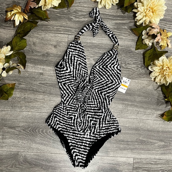 Bar III Cabo cowlneck drapey black white zigzag One-Piece monokini Swimsuit. S - Picture 3 of 11